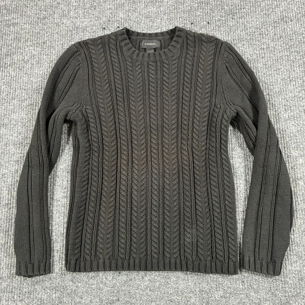 Express Mens Size M Black Cable Knit Crewneck Sweater Cotton Blend Pullover